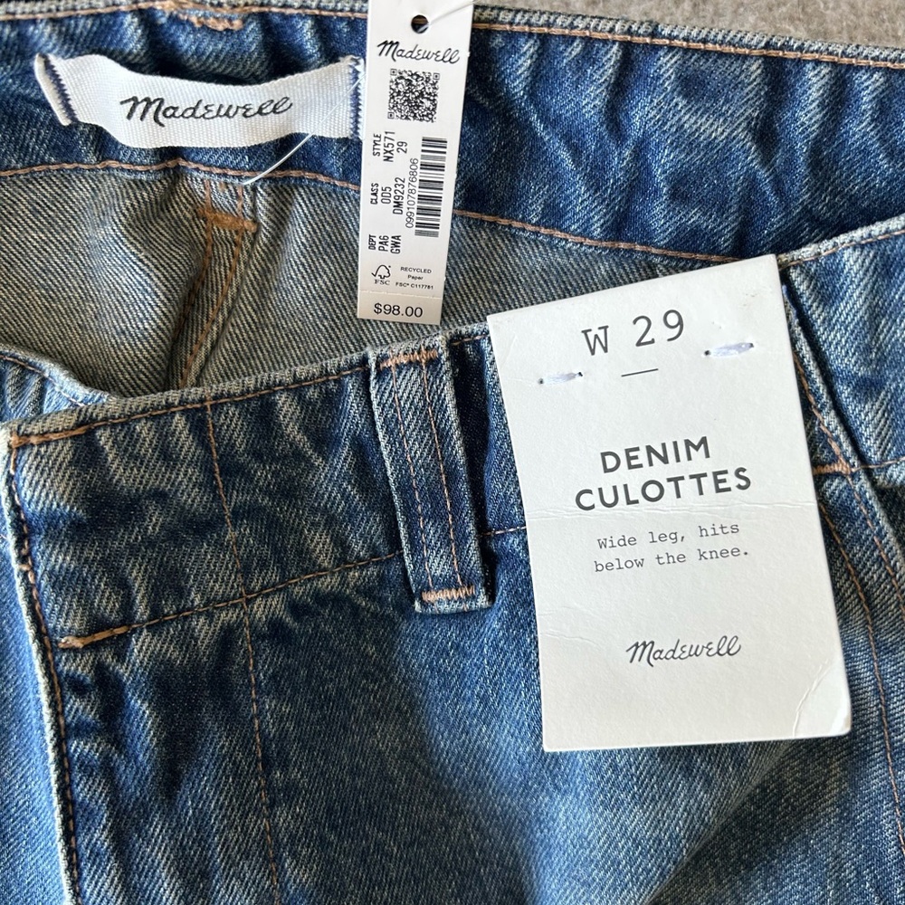 Madewell Denim Culottes 29 wide leg, hits below the knee New without tags